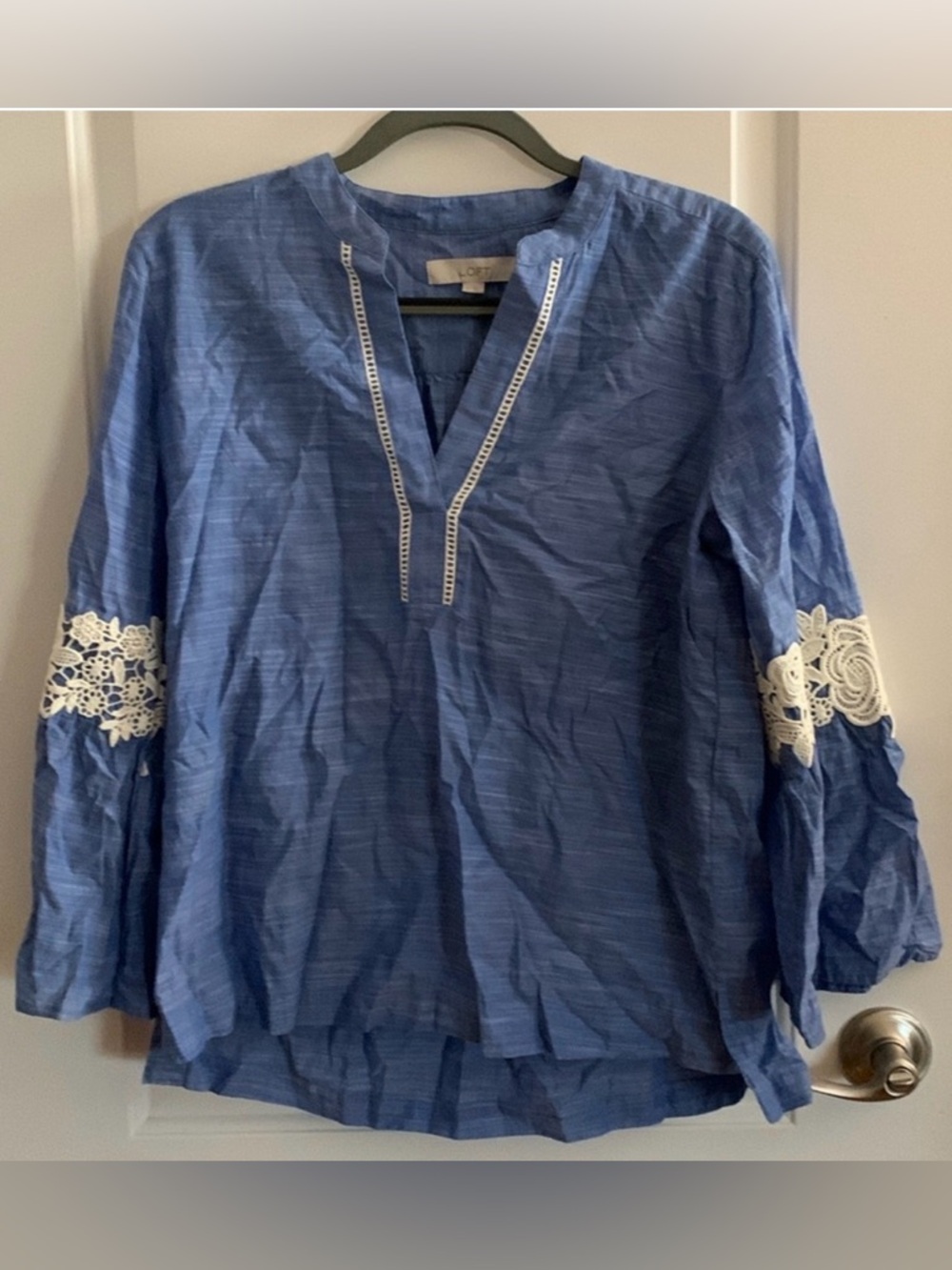 LOFT Boho Chambray Blue Shirt with Pinstripe Detail and lace detail sleeves!